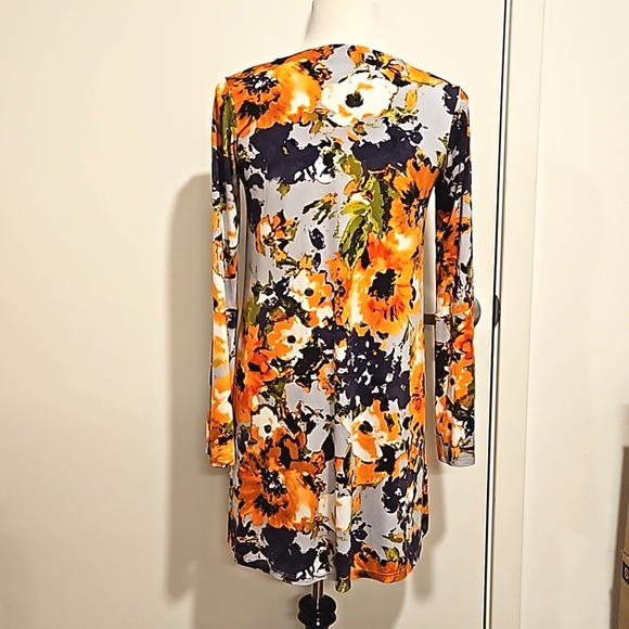veronicam blue gray orange black floral print mini dress bell sleeve Small EUC - Picture 2 of 7